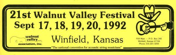 21st Walnut Valley Festival Bumper Sticker (1992)