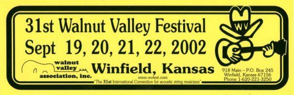 31st Walnut Valley Festival Bumper Sticker (2002)