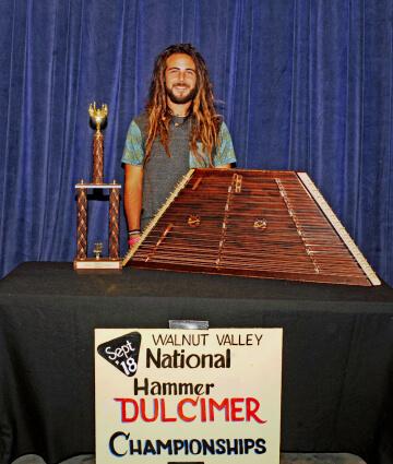 1st Place Hammer Dulcimer Winner, Colin Beasley, with Trophy and Prize Hammer Dulcimer