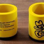 Yellow Rubber Foam Koozie with Walnut Valley's "Fesity" logo printed in black