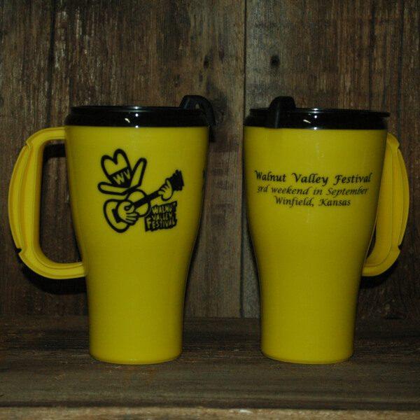 Yellow WVF Coffee Mug--front shows Fesity, back reads "Walntu Valley Festival, 3rd weekend in September, Winfield, Kansas"